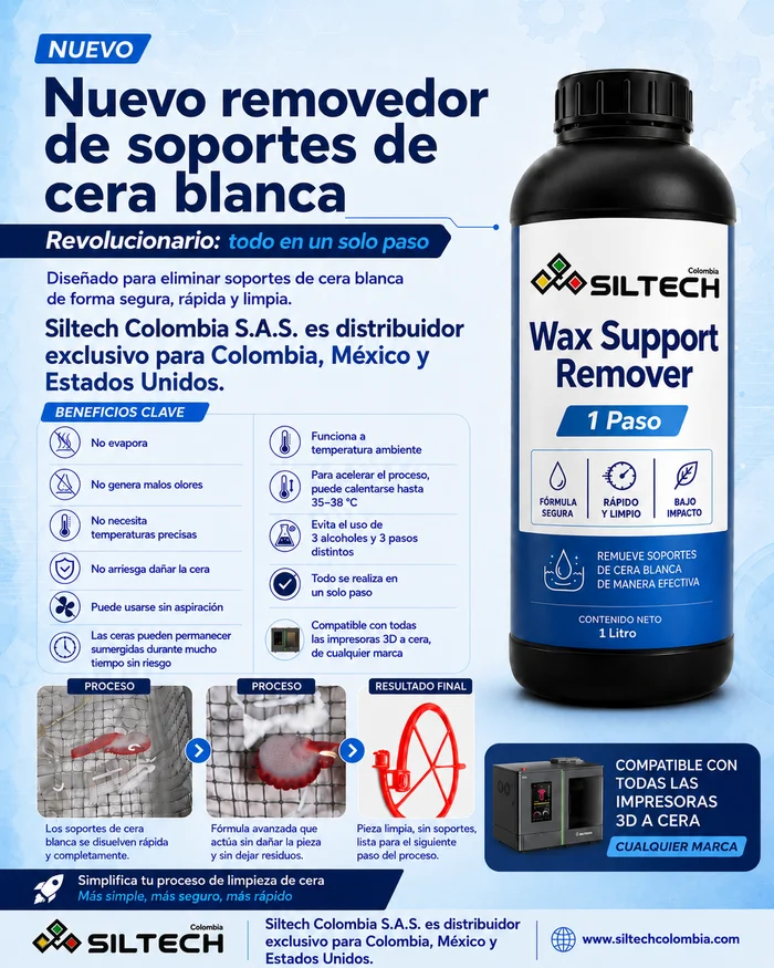 Presentación de Siltech Wax Support Remover con cera roja y soporte blanco